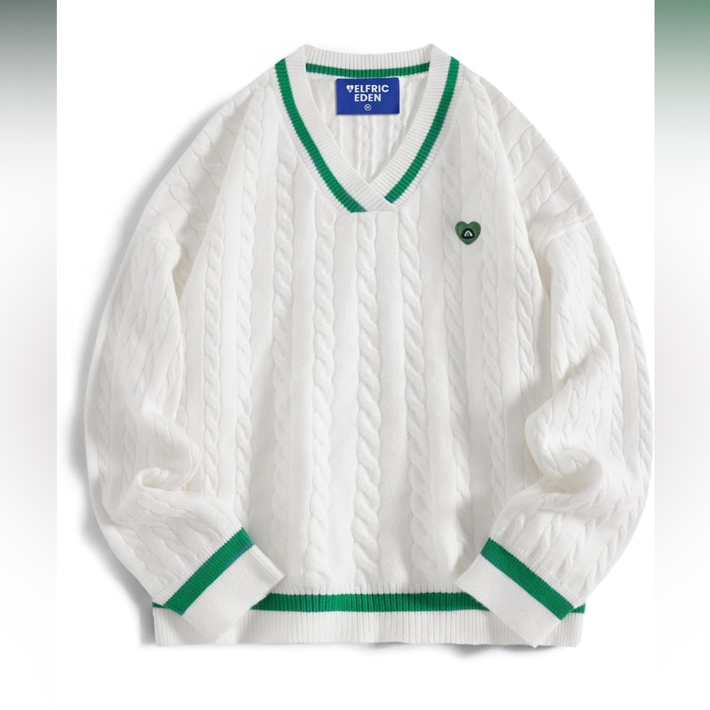 Aelfric Eden V-Neck Sweater in White with Green Trim